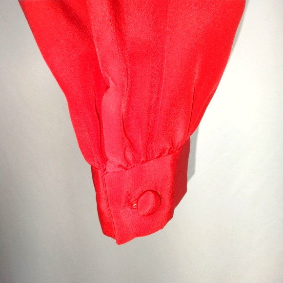 Vintage ADOLFO 100% Silk Cherry Red Tie Neck Long Sleeve Blouse Size Small - Picture 4 of 11